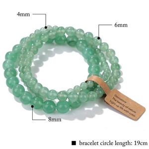 Stack of 4mm 6mm and 8mm green natural stone bead stretch bracelets with size labels