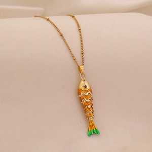 Gold stainless steel koi fish pendant necklace with vibrant enamel scales and red eye detail