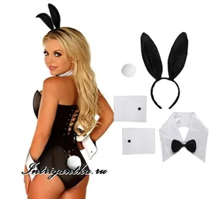Detailed flat lay and model view of Bunny Cosplay set with ears, cuffs, and tail accessories