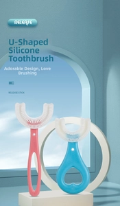 Pink and blue U-shaped silicone toothbrushes for children with soft bristles and easy-grip handles