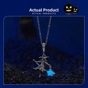 Halloween wizard charm with luminous blue star light on a broomstick, 925 silver finish