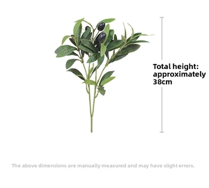 Macro detail of artificial olive branch with green leaves and fruits, 38cm total height