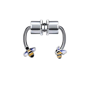 Silver magnetic septum nose ring featuring colorful enamel bee charms on white background