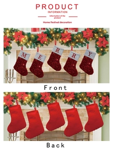 Detail of red sequin Christmas socks with Merry embroidery and white faux fur cuff