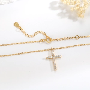 925 Sterling Silver Gold Cross Necklace for Women with Shimmering White Zirconia Stones