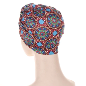 Ethnic mandala print turban hat for women in vibrant blue and red floral patterns
