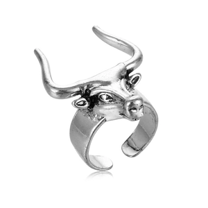 Retro punk bull head ring in antique silver finish with adjustable open band for men