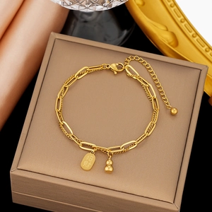 Double-layered gold stainless steel necklace with calabash charm and lucky coin pendant
