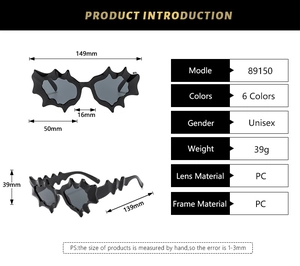 Detailed size chart and specifications for bat-wing style punk futuristic sunglasses