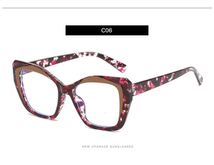 Detail view of TR90 large square floral frame eyeglasses with red purple tortoiseshell pattern
