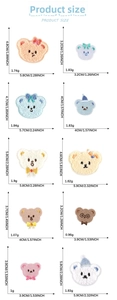 Detailed size chart for embroidered cartoon bear patches showing dimensions and weight