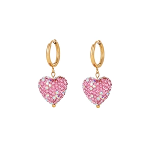 Chic gold hoop earrings with pink heart charms encrusted with radiant crystals
