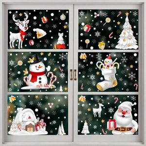 Christmas window stickers set featuring Santa, reindeer and snowflakes on glass pane
