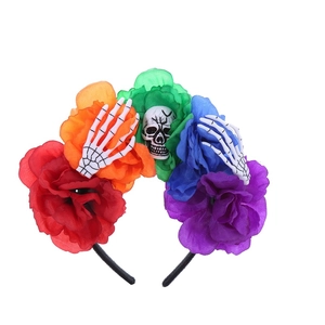 Halloween Headband Simulation Rose Flowers With Plastic Skull And Skeleton Hands Gothic Cosplay Hair Hoop For Women