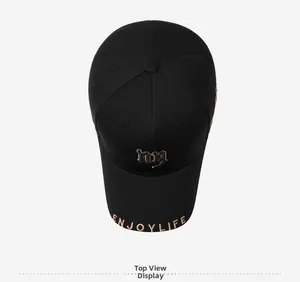 Top down view of black baseball cap with NY embroidery and Enjoylife text on brim