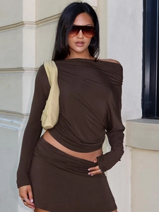 Haut À Manches Longues À Épaules Dénudées Et Mini-Jupe Pour Femmes Polyester Spandex Style De Rue Sexy