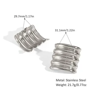 Detailed view of silver wavy ripple stainless steel earrings with mirror finish and dimensions