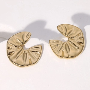 Minimalist 18k gold plated titanium steel earrings with irregular folded leaf texture