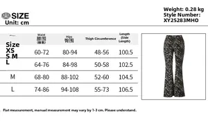 Size guide for high-waisted leopard print trousers with measurements in centimeters