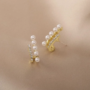 French Chic Stacked Arc Stud Earrings With Faux Artificial Pearls And Rhinestones Gold Plated Alloy Minimalist Jewelry For Women
