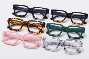 Top view of six different color stylish square oversized frame sunglasses on white background