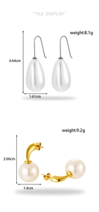 Size specifications for teardrop pearl drop earrings and gold round pearl stud earrings