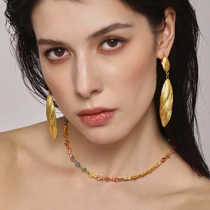 Long Dangle Earrings Stainless Steel Striped Texture Twisted Leaf Shape Gold Plated Elegant Fashion Jewelry Women