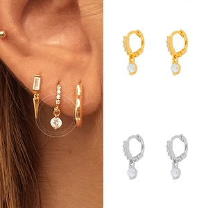 S925 sterling silver hoop earrings with round zircon drop pendants in gold and silver