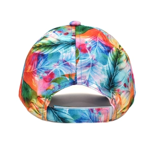 Detail of colorful feather print and adjustable velcro strap on tie-dye baseball cap