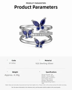 Detail view showing 925 silver ring dimensions and weight with blue zircon butterflies