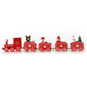 Five-section red wooden Christmas train set with Santa and snowman figures on white background