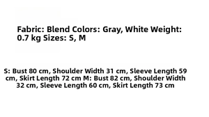 Detailed size chart for off-shoulder long sleeve dress in grey and white colors