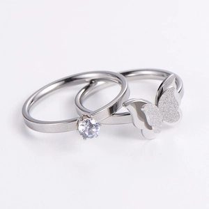 Stainless Steel Butterfly Ring And Solitaire Zirconia Ring For Women Frosted Matte Wing Elegant Wedding Jewelry