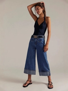 Vintage Damen Jeans mit vertikalen Streifen, weitem Bein und schlankmachender Passform