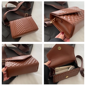 Detailed views of brown quilted crossbody bag showing texture, base, and interior capacity