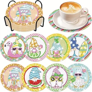 DIY diamond painting coaster set with 8 summer gnome patterns and metal holder