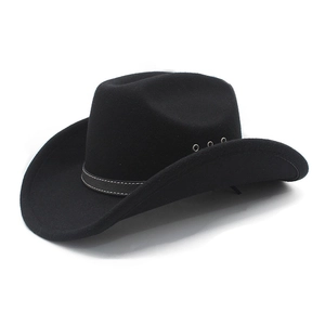 Classic black wide-brim western cowboy wool felt hat with leather band and metal vents