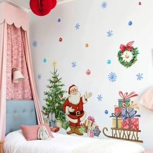 Festive watercolor Santa Claus and Christmas tree wall decals for holiday home decoration
