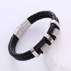Men Double Layer Woven Leather Bracelet Stainless Steel Magnetic Clasp Vintage Punk Trendy Bangle With Knurled Rings