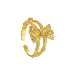 Golden S925 sterling silver bow knot ring with adjustable opening and textured band