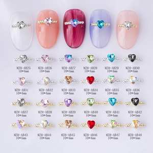 Mini crystal heart nail art charms with twisted metal rings in various colors, 10x4mm