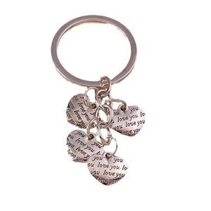 Retro engraved Love You heart keychain with multiple silver pendants on a large metal ring