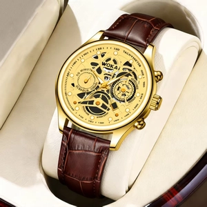 Men Quartz Watch Gold Tone Case Brown PU Leather Strap Hollow Dial Design Business Casual Analog Classic Fashion Accessory