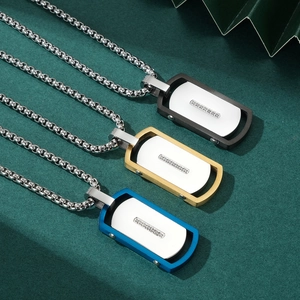 Men's titanium steel square pendants in black, gold, and blue with CNC stone settings