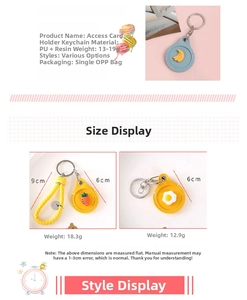 Detail view of the mini PU leather access card holder keychain with dimensions and weight