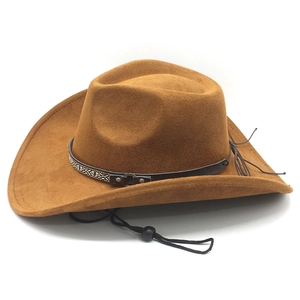 Detail of dark brown cowboy hat with ethnic patterned band and adjustable chin strap