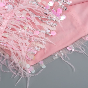 Close-up of pink sequins and ostrich feathers on a fashionable party dress fabric