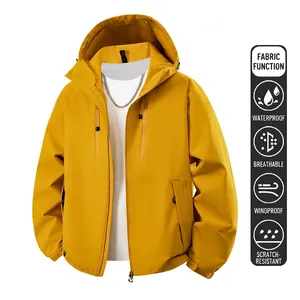 Veste coupe-vent jaune à capuche pour l'extérieur en tissu softshell imperméable