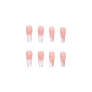 Long coffin-shaped French manicure press-on nails in pink and silver glitter finish