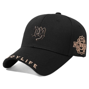 Structured black baseball cap with vintage NY embroidery and side patch on white background